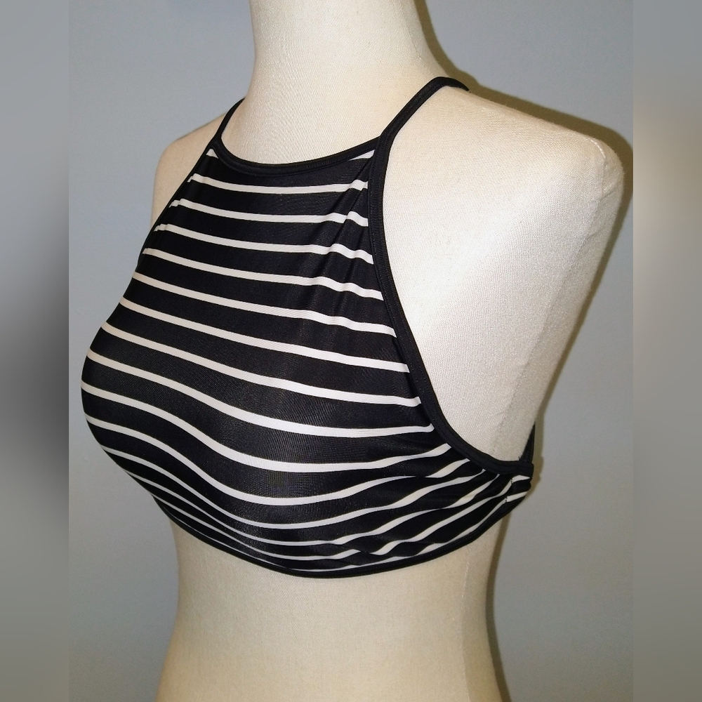 Aerie Black & White Striped Padded High Neck Halter Bikini Top ~ Sz M